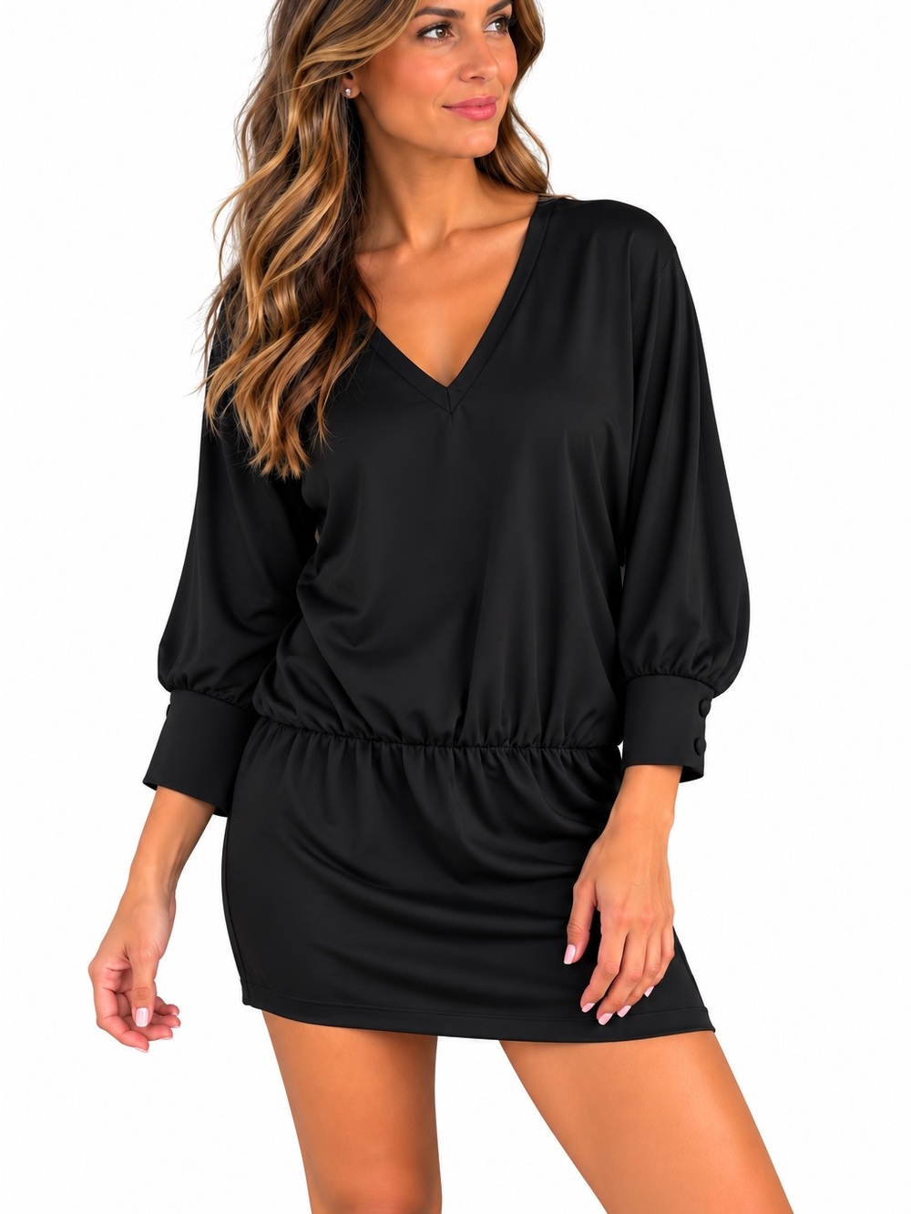 Zara Black V-Neck Swim Cover-Up Dress with Blouson Waist
